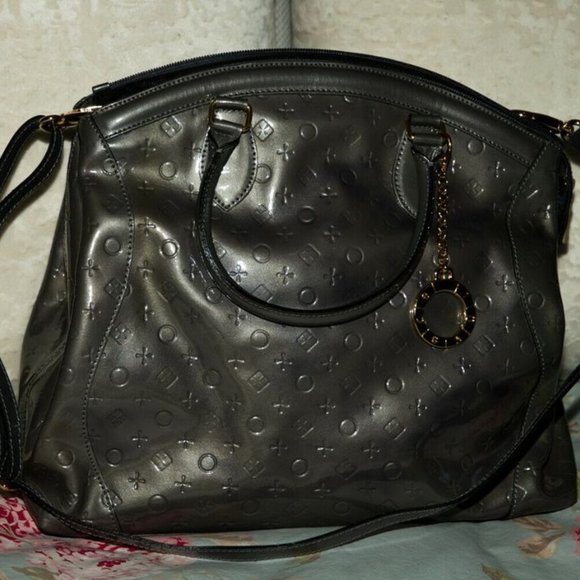 INVECE Genuine Patent Leather Large Tote Made in Italy Italian Grey Dome Satchel - Picture 2 of 4